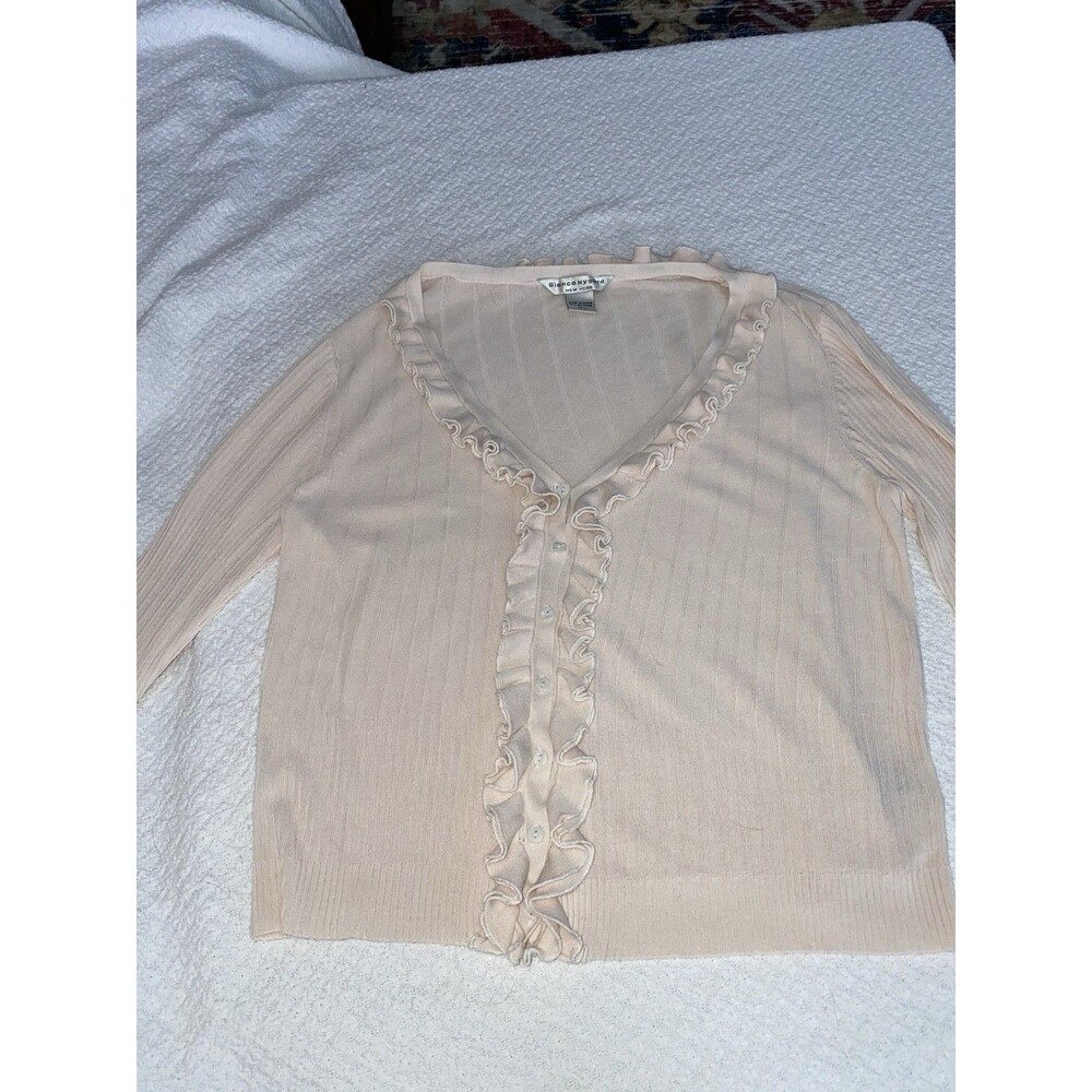 Bianca Nygard 100% Silk Peach Ruffle Cardigan Ribbed Knit Luxury Balletcore L